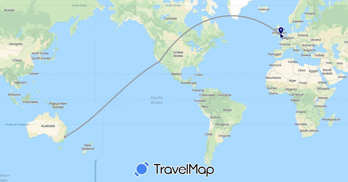 TravelMap itinerary: driving, plane in Australia, United Kingdom, United States (Europe, North America, Oceania)